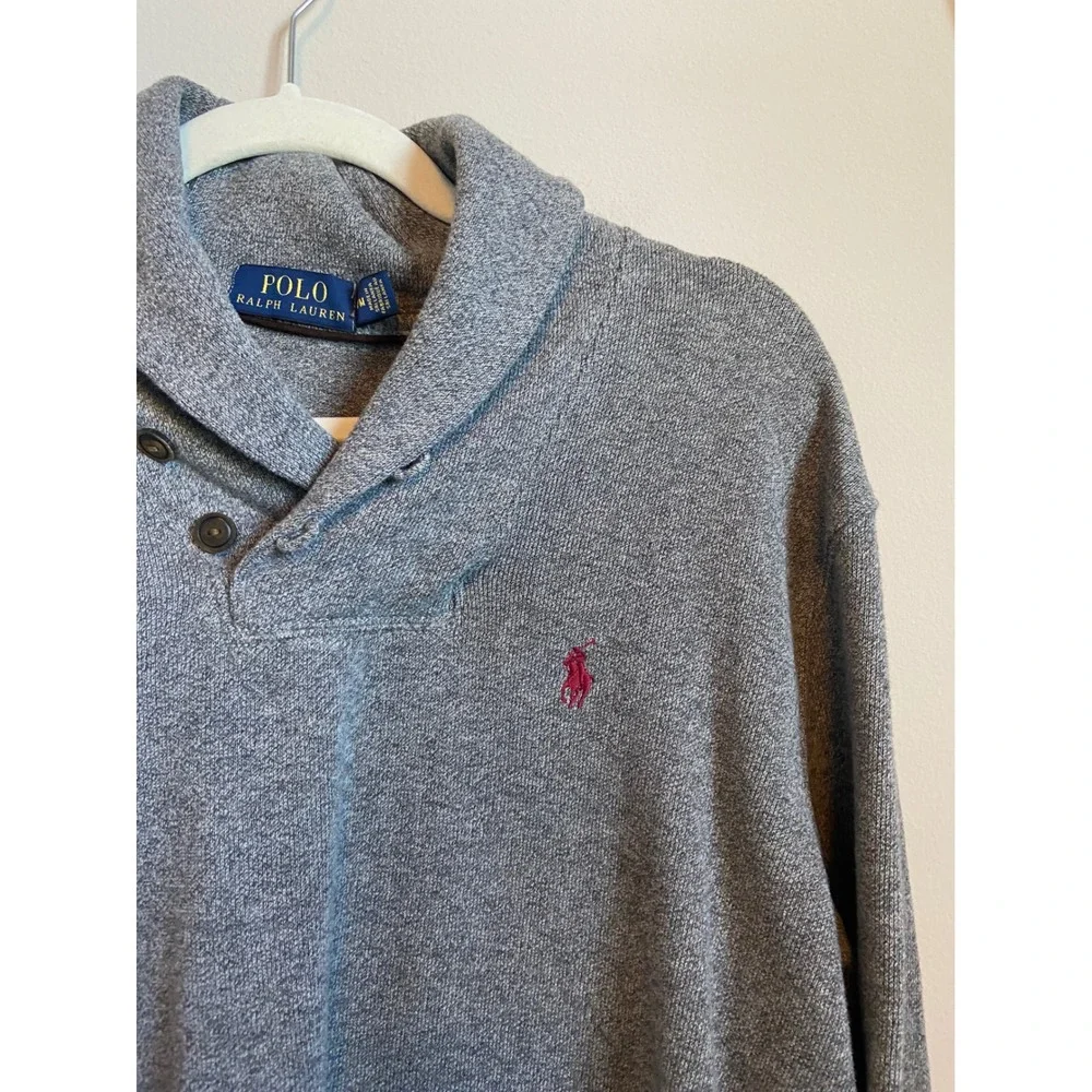 Polo Ralph Lauren Mens Gray Shawl Collar Button Pullover Cotton Sweater Size M